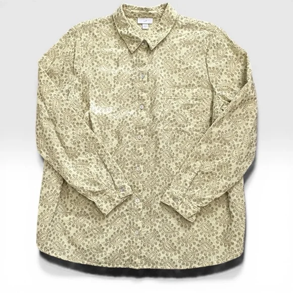 J. Jill Size L Olive Green Floral Embroidered Button-Up Blouse Boho Cotton Top - Picture 4 of 9